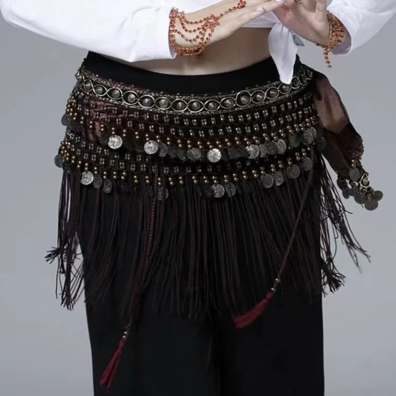 Costumes d'écharpe de hanche de danse du ventre tribal pour femmes, paillettes financières, long pompon, ceinture de danse du ventre, jupe ronde, taille, tenue de carnaval