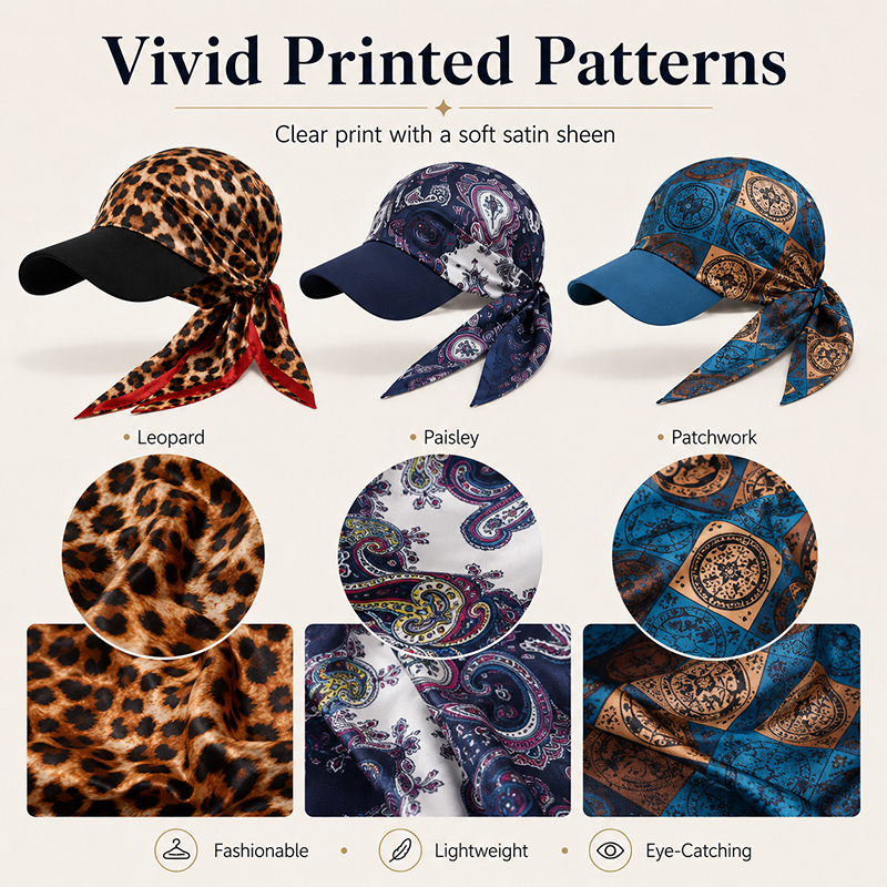 Casquette de baseball pour femme avec foulard intégré, en satin imprimé, protection solaire, à nouer, pour l'extérieur, été, visière pare-soleil
