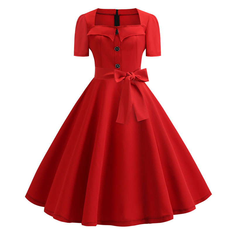 Femmes col carré élégant Vintage Robe d'été à manches courtes Robe Midi Robe Femme décontracté bureau Robe de soirée