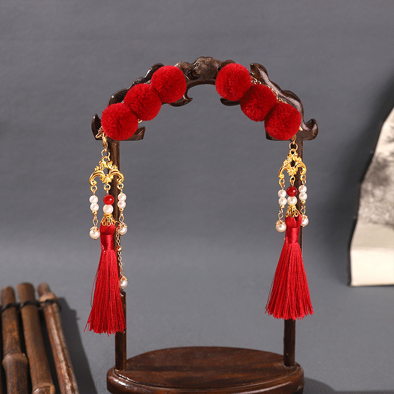 Épingle à cheveux à pompon rouge pour double chignon, style Hanfu du Nouvel An, accessoire de coiffure de style ancien pour femmes et pour la cérémonie parent-enfant