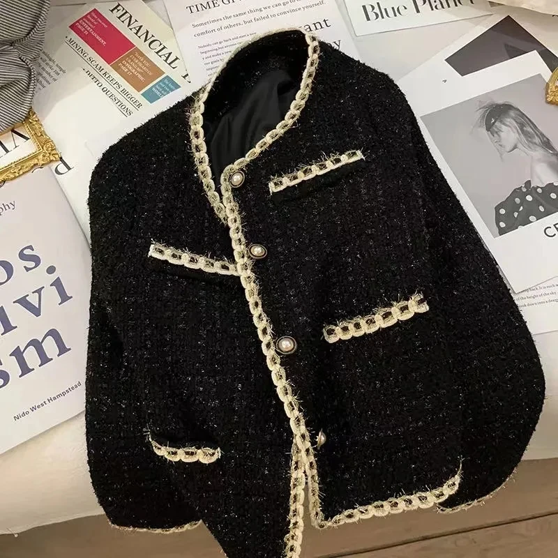 Veste en tweed à simple boutonnage pour femme, manteau torsadé à col rond, mode coréenne élégante, manteau doux et chic, vêtements décontractés pour dames de bureau, automne