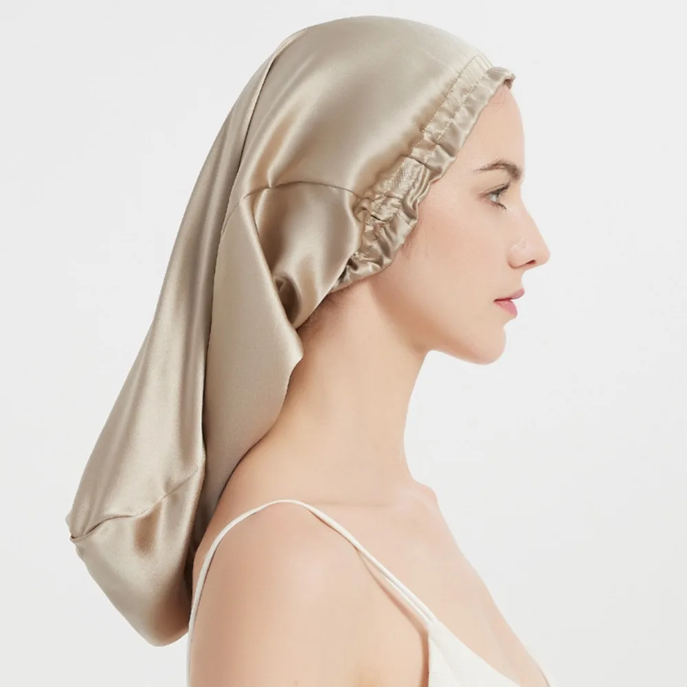 Bonnet de nuit 100% soie de mûrier, long turban/bonnet en soie pour dormir, bonnet de douche, enveloppe capillaire pour le sommeil 50CM