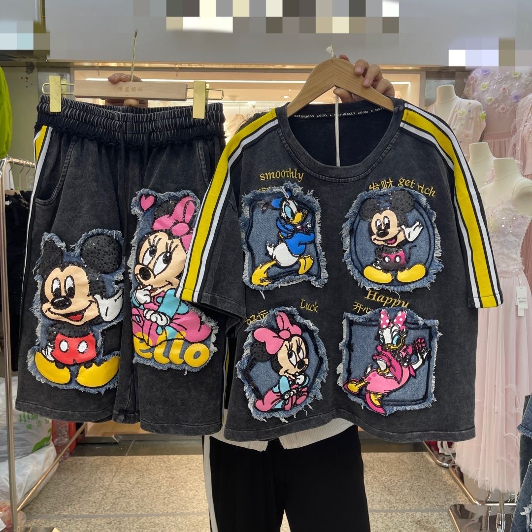 Ensemble haut à manches courtes et short, broderie cartoon de style industriel, mode européenne et américaine, ample et tendance