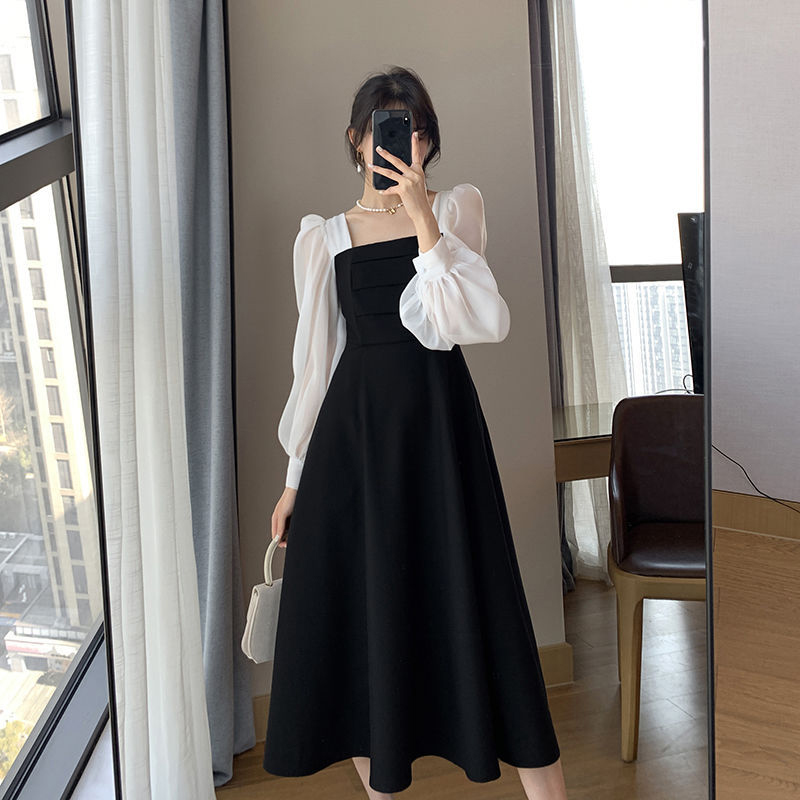 Robe noire coréenne en mousseline de soie pour femme, robe taille haute, patchwork, col carré, robe trapèze, mode élégante, bureau, été, éducatif