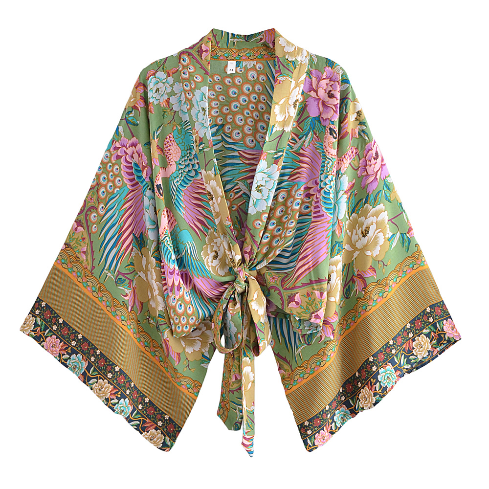 Boho Queens femmes paon imprimé fleuri tenues courte Kimono Robe bohème costumes pantalons à jambes larges 2 pièces rayonne Boho ensembles maillot de bain