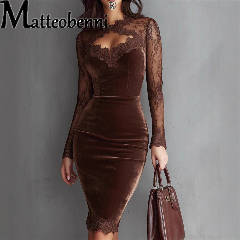 Robe longue élégante et sexy en dentelle transparente à manches longues pour femme, décontractée, col en V, avec volants et patchwork en dentelle, style moulant