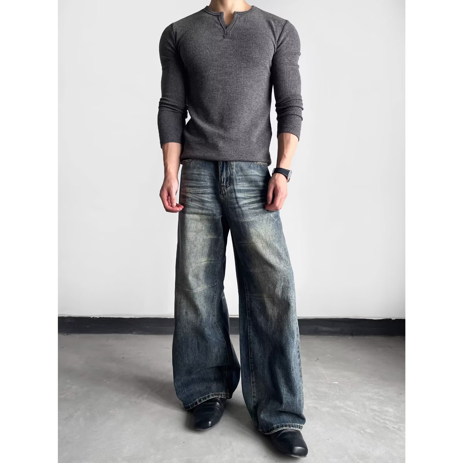 Jean droit pour homme, style décontracté urbain, coupe large, automne-hiver, pantalon long, style rétro, taille mi-haute, détail poche zippée