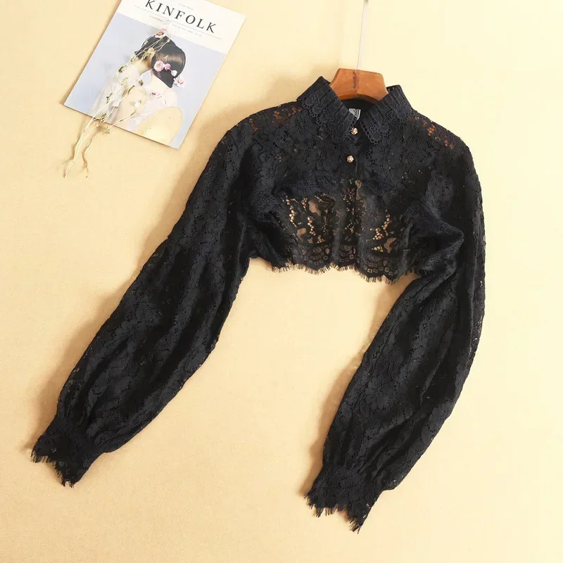 Boléro en dentelle à manches longues pour femme, col chemise, haut court boutonné en maille, cardigan court ouvert sur le devant