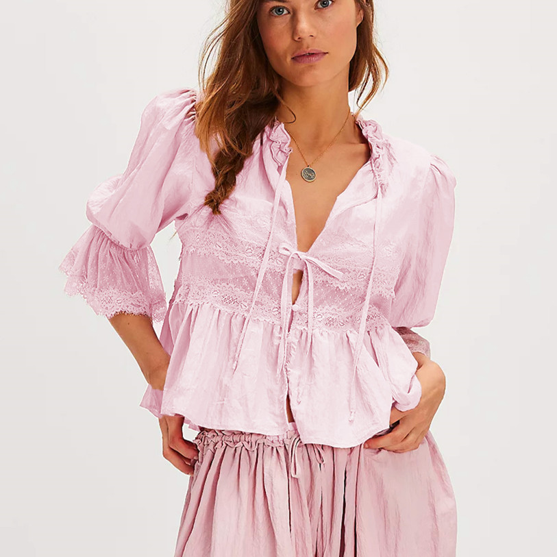 Chemise ample à manches mi-longues pour femmes, dentelle transparente, Patchwork, nœud à nouer, hauts péplum pour l'été, chemisiers paysan à œillets brodés