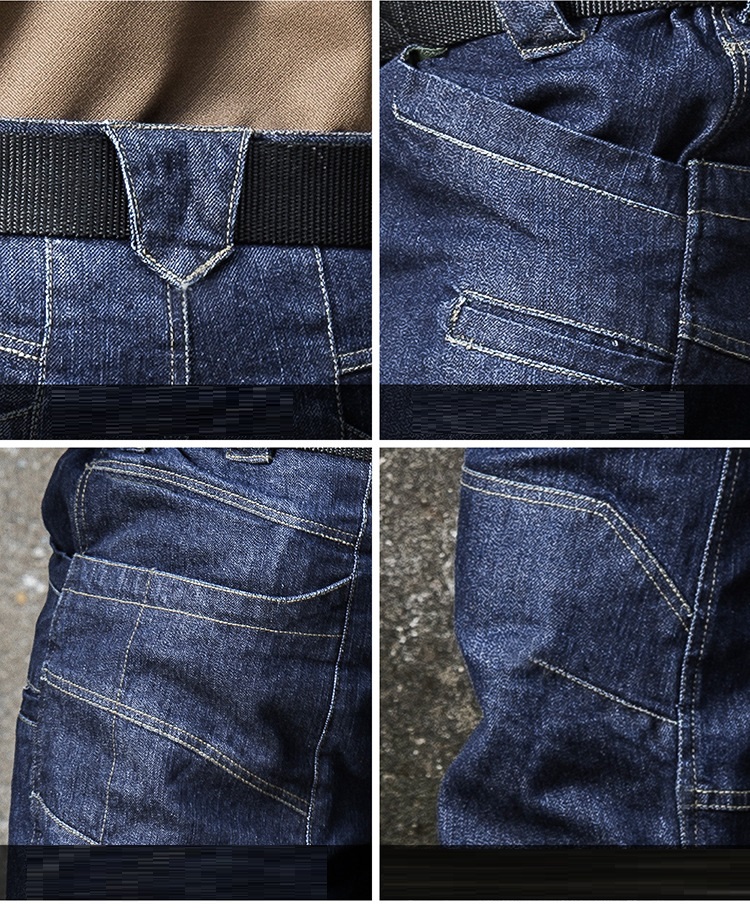 Jean tactique en Denim pour hommes, pantalon extensible, confortable, pleine longueur, multi-poches, Leggings aux genoux