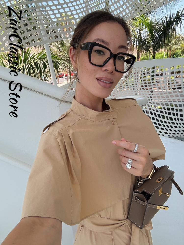 Robe élégante pour femme avec châle, col montant, taille nouée, sans manches, longue, couleur kaki, nouvelle robe décontractée d'été pour le street style 2026