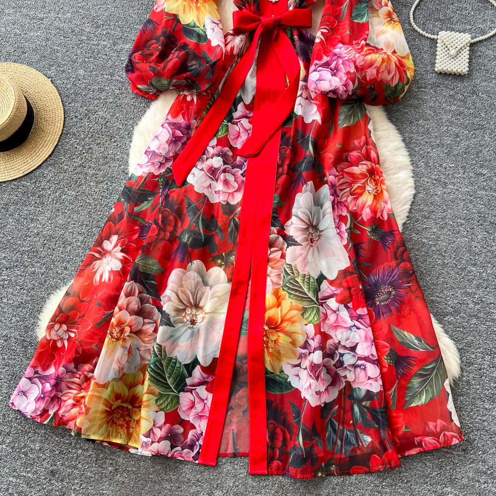 Robe longue élégante rétro à col en V et imprimé floral pour femme, manches bouffantes, taille cintrée à nouer, idéale pour les soirées et les fêtes, collection printemps-automne