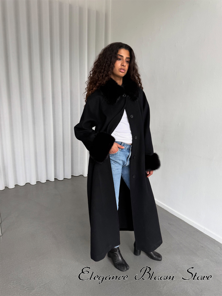 Manteau en laine mélangée pour femmes, uni, avec empiècements en fausse fourrure, col à revers, manches longues, à simple boutonnage, modèle 2026, vêtement chic pour femme.