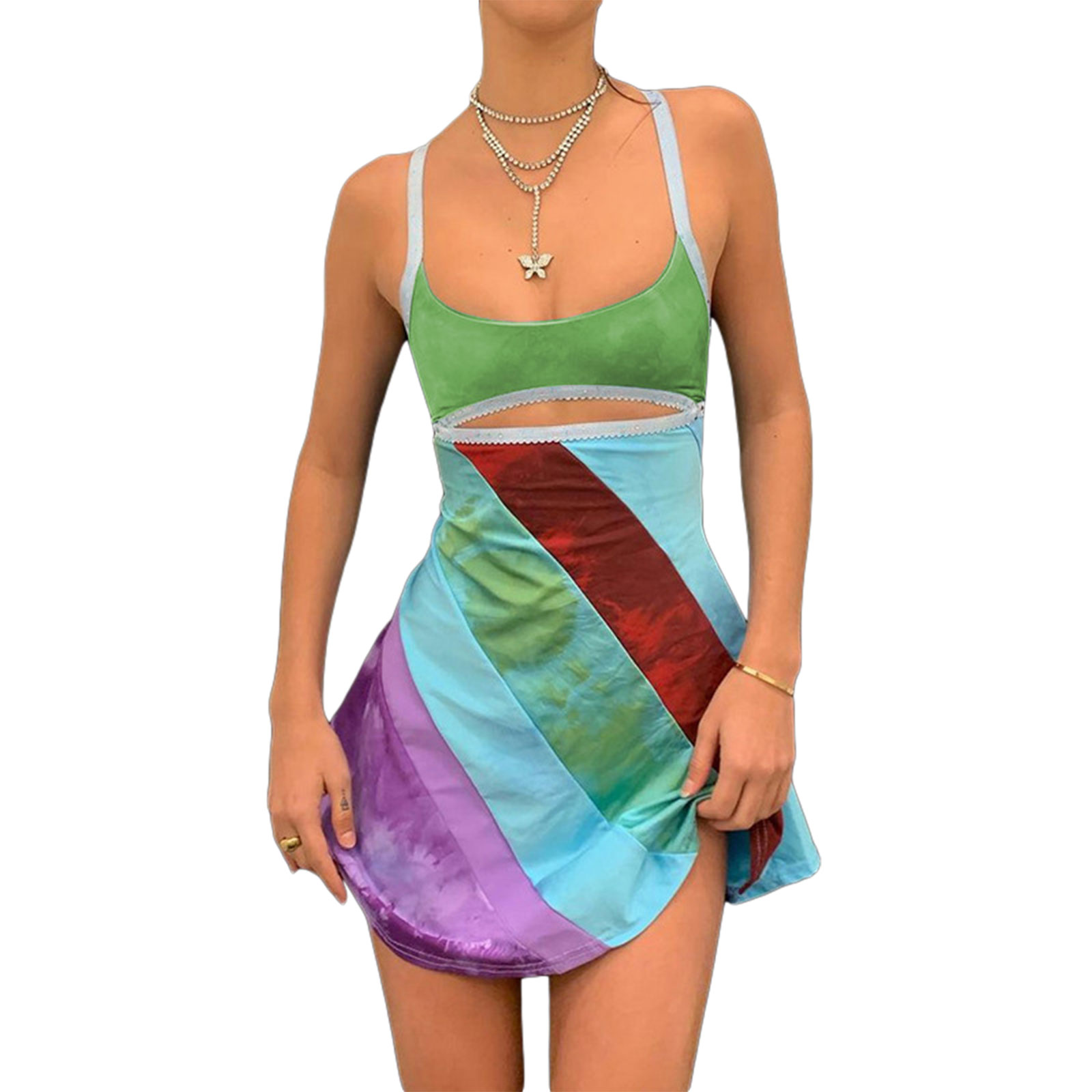 Robe trapèze à bretelles pour femmes, été, sans manches, couleur contrastée, col en U, découpe, robe moulante courte, style Harajuku, robe d'été, nouveauté 2022