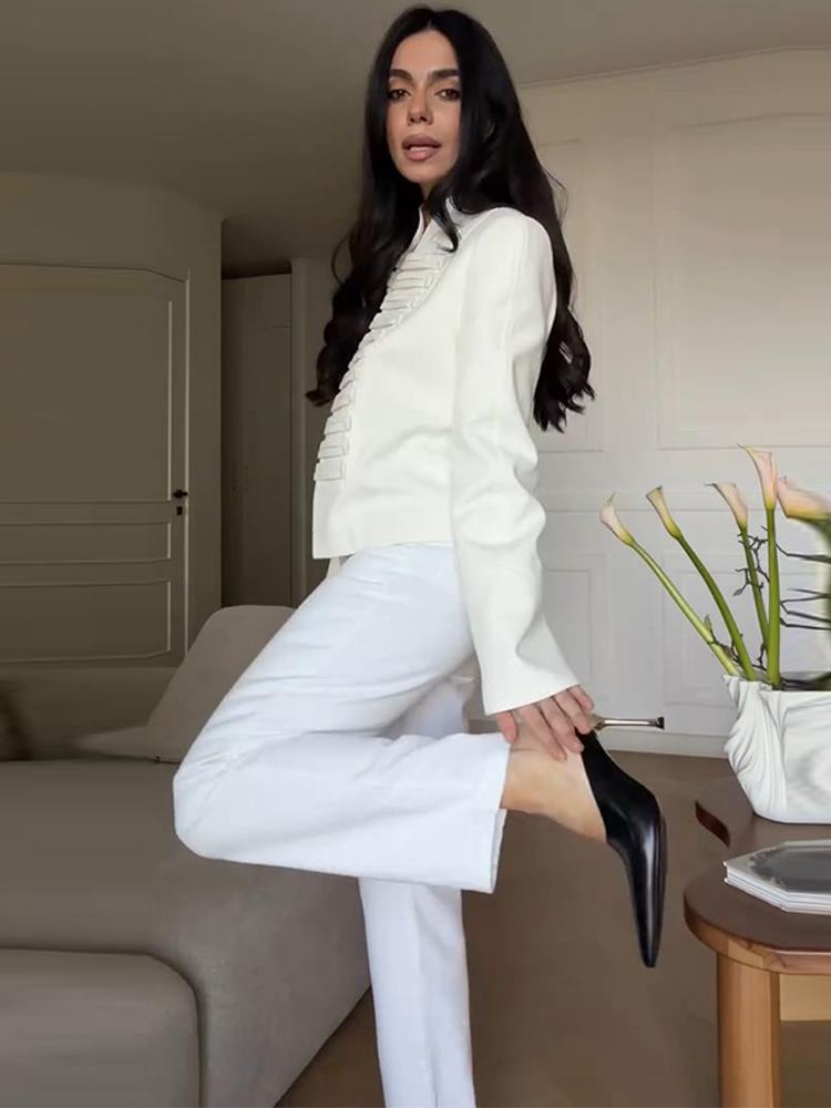 Manteau d'automne pour femme, veste Napoléon, blazer court à panneaux plissés, col montant, épaules rembourrées, tenue de bureau, vêtements pour femme