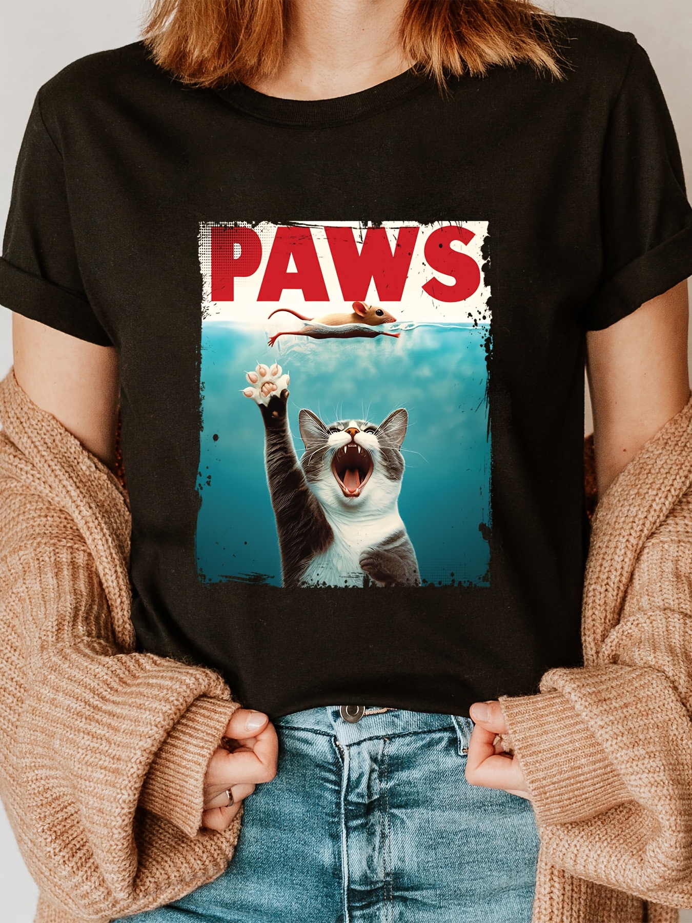 T-Shirt décontracté pour femmes, avec parodie de pattes, imprimé chat et souris, col rond, manches courtes, tissu en tricot légèrement extensible, haut toutes saisons