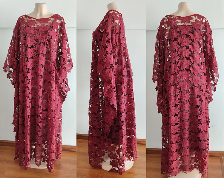 Femmes Robe en dentelle ample fête longue avec doublure col rond poignet manches chauve-souris mode confortable décontracté féminin Robe de dame africaine