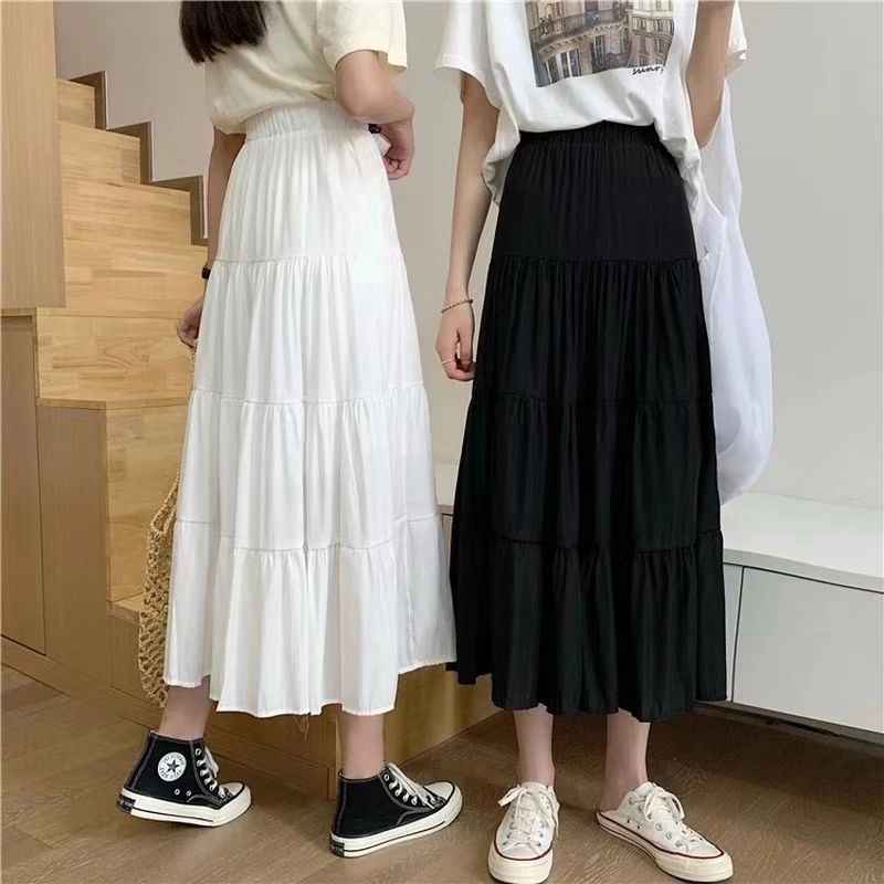 Printemps été femmes jupes Vintage taille haute élastique Patchwork blanc noir Chic longue gâteau a-ligne jupe