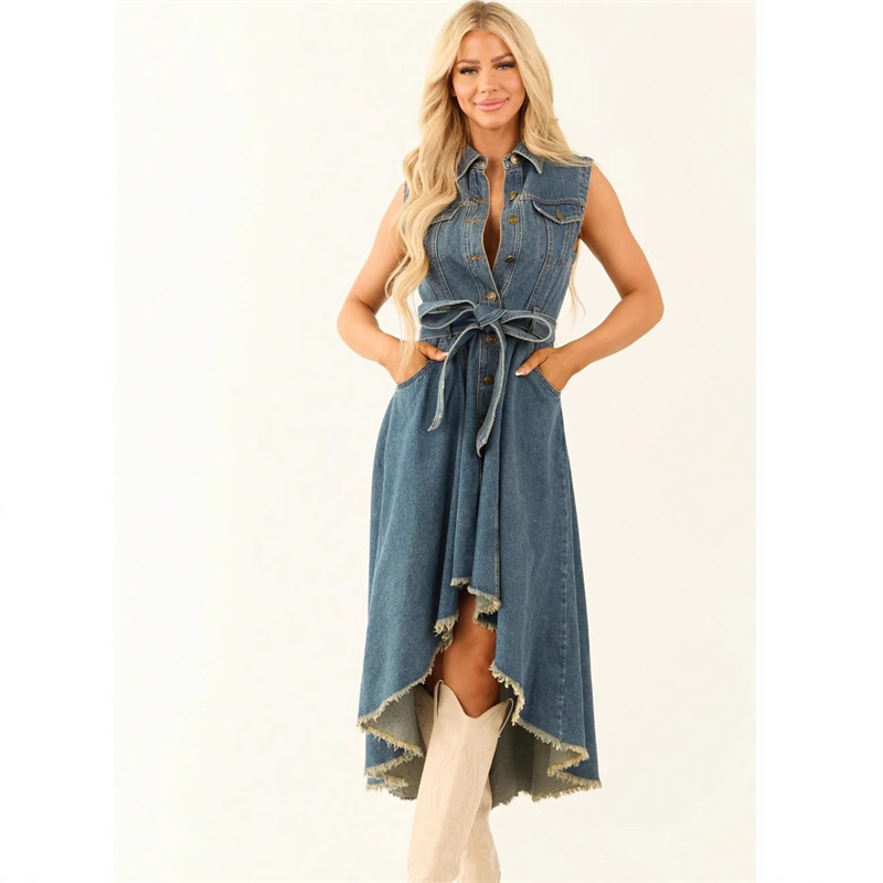 Robes en jean pour femmes, sans manches, sexy, asymétriques, style jeune fille, robe longue trapèze, tunique, vêtements en jean pour femme avec lacets