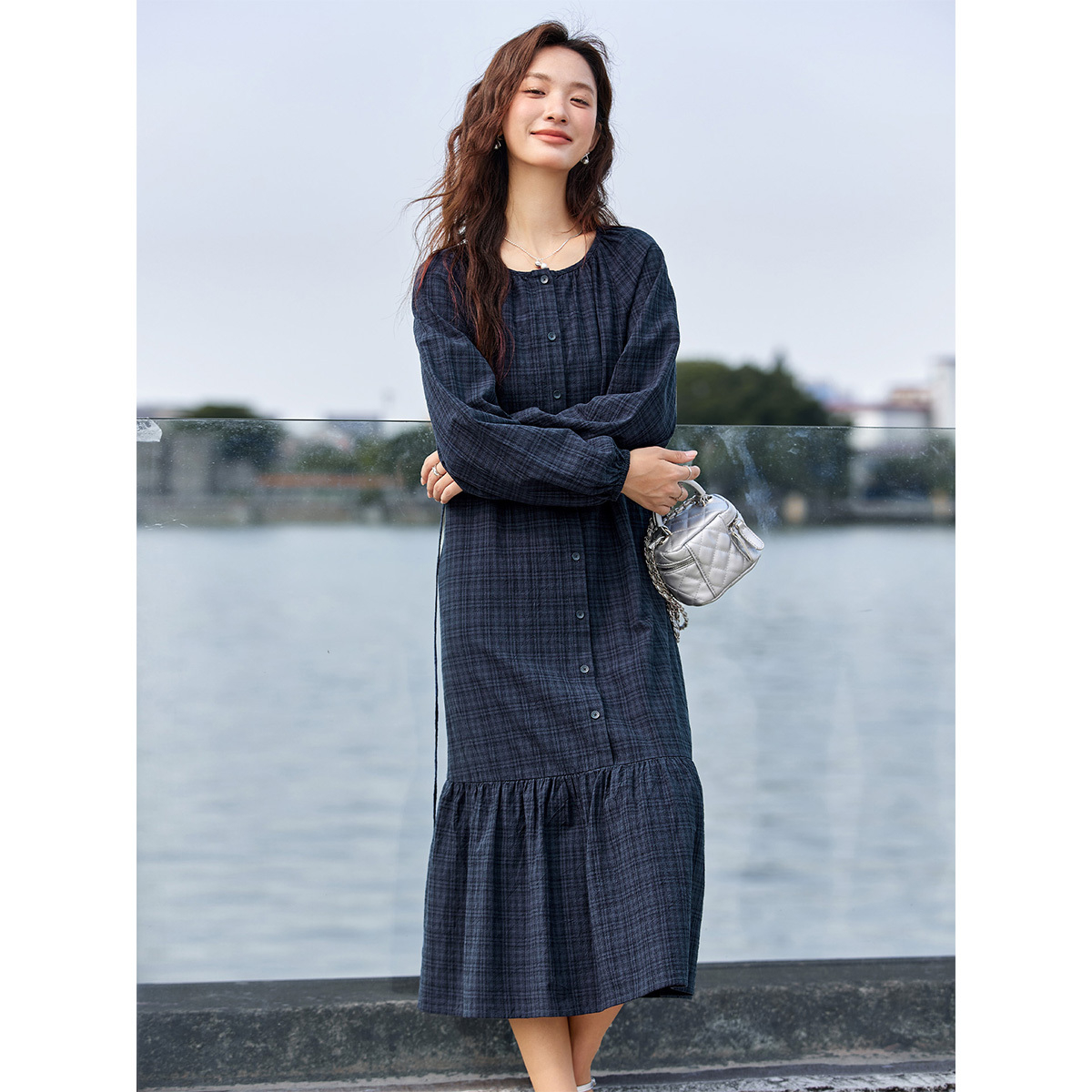 Robe à carreaux col rond VIMLY pour femme, collection automne 2026, décontractée, coupe trapèze ample, élégante, à manches longues avec ceinture, vêtement féminin A2807