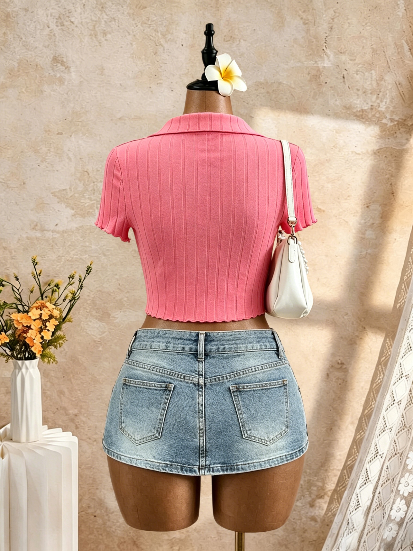 Haut court pour femme à col polo, avec nœud sur le devant, manches courtes, en tricot côtelé, poignets à volants, rose uni, coupe ajustée, style Y2K, été