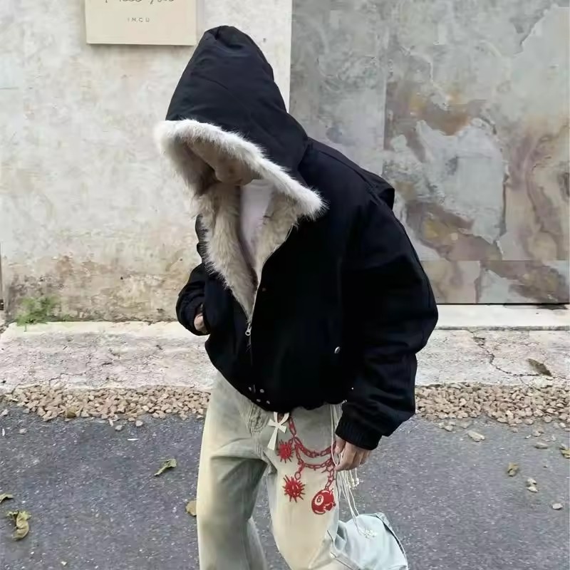 Vêtements chauds d'hiver pour hommes et femmes, manteau rétro Simple en peluche, vêtements de sport, nouvelle veste ample en coton à capuche, Punk, col en fourrure, veste pour Couple