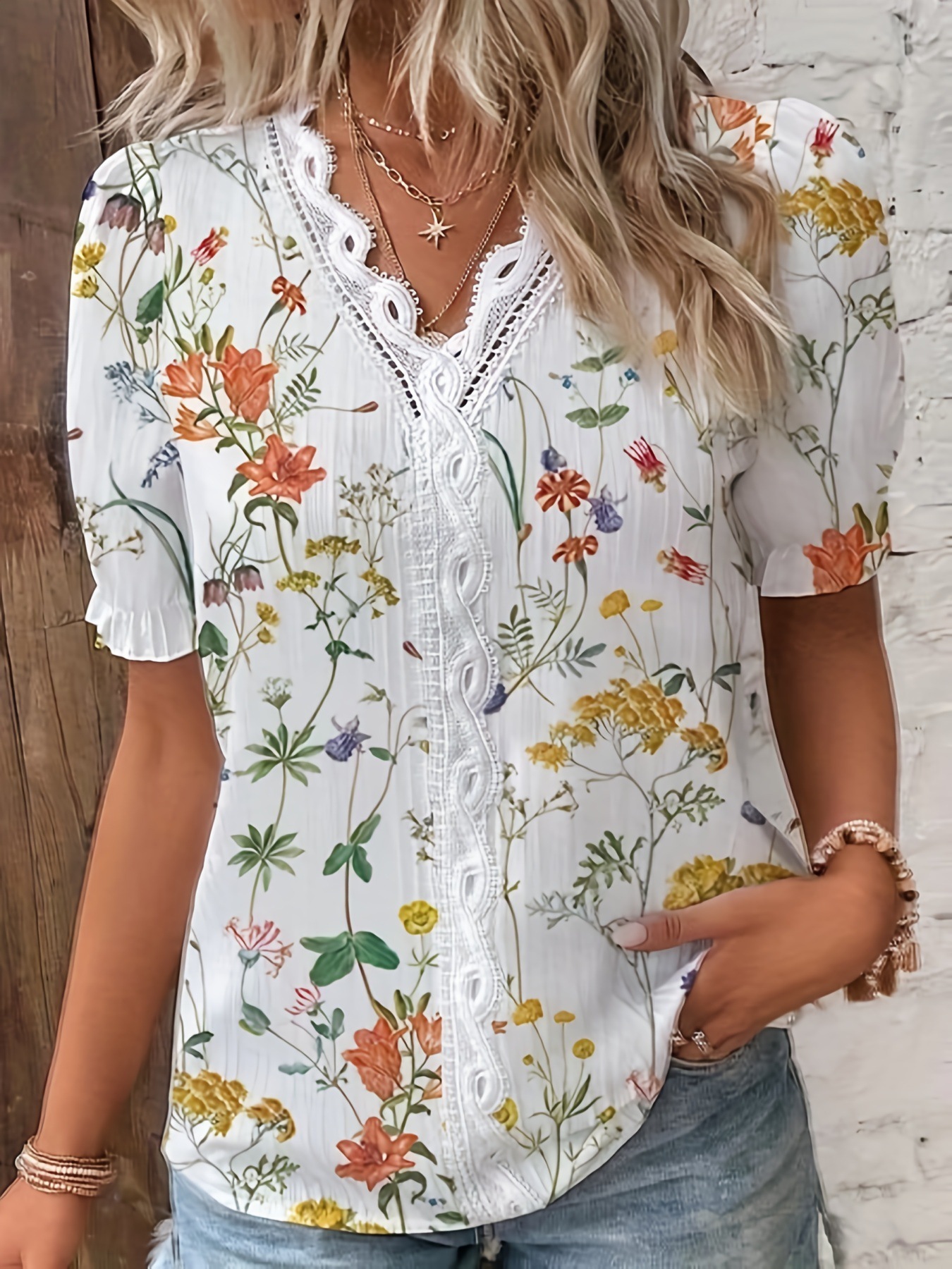 Chemisier à manches courtes en dentelle unie pour femme, col en V basique décontracté, chemise violette, blanc, régulier, grande taille