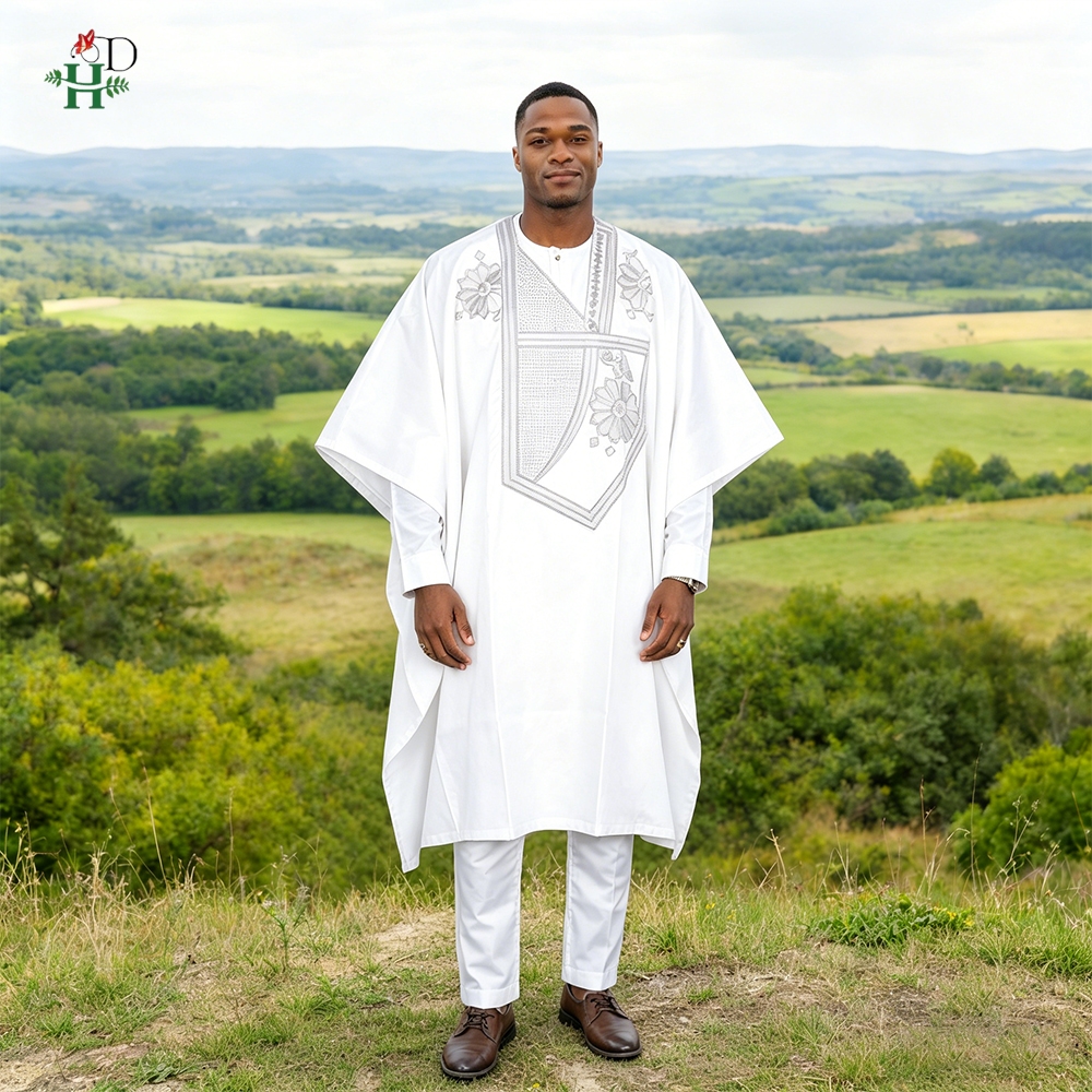 H & D – vêtements africains pour hommes, traditionnel riche Bazin, broderie originale, blanc, ensemble 3 pièces, pour occasions de fête de mariage, 2024