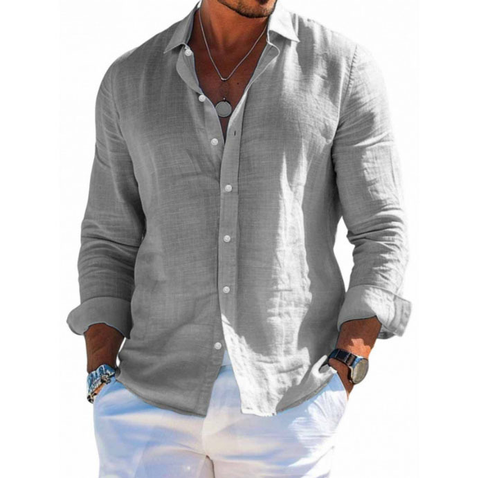 Hommes Blouse chemises été printemps mâle col rabattu à manches longues lin maillots de bain vacances haut Blouse NMD-3033