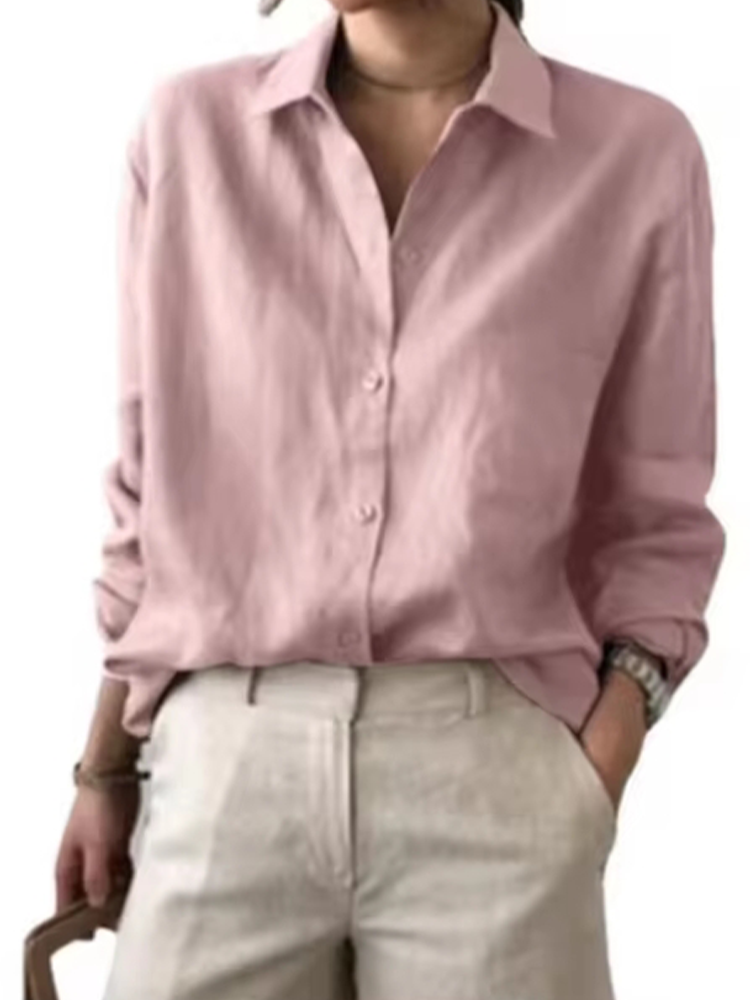 Chemisier en lin boutonné pour femme, coupe ample, manches longues, couleur unie, style décontracté, idéal pour l'été, la plage ou le bureau