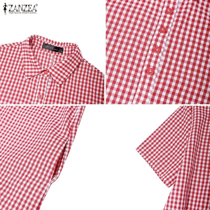 Robe minimaliste à carreaux pour femmes, col rabattu, manches courtes, demi-boutons, longueur aux genoux, robe chemise décontractée ZANZEA