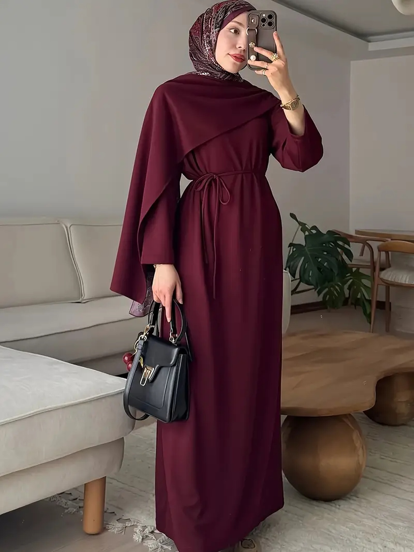 Robe longue élégante décontractée pour femmes, style musulman, couleur unie, manches longues, à lacets, jupe longue