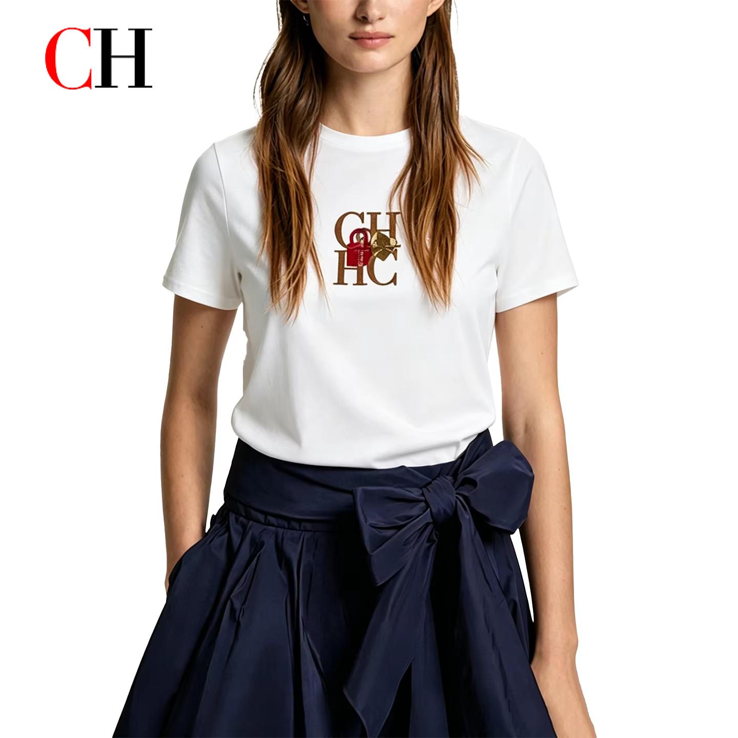 Vêtements pour femmes CH - T-shirt basique en coton brodé pour femmes - Style streetwear - Mode estivale - Haut confortable et respirant