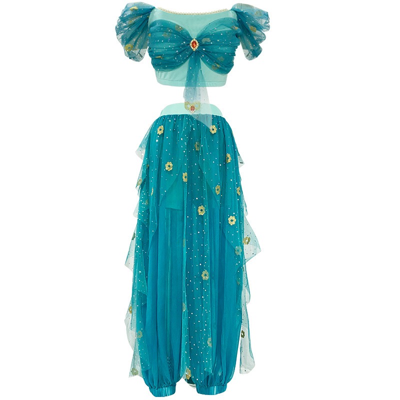 Costume de princesse arabe Jasmines, Cosplay, lampe d'aladdin, robe de danse indienne, ensemble vert pour femmes, tenue de jeu de rôle pour fête d'halloween