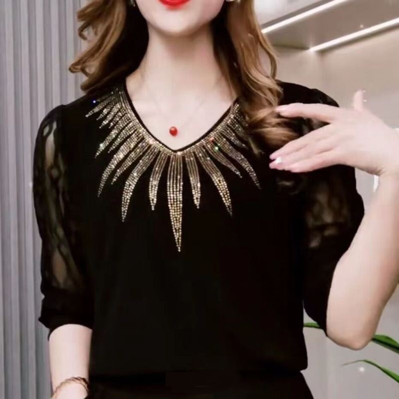 Femmes été T-shirt col en v mode demi manches maille Patchwork T-shirt femmes chemise de fond dames noir pull femmes hauts