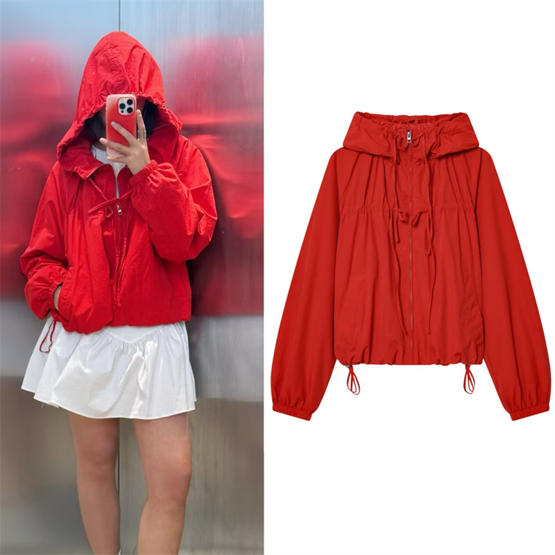 Veste Femme 2026 Nouvelle Collection Automne Rouge Manches Longues Cordon Décoratif Festif Capuche Zippée Cardigan Décontracté Tendance Polyvalent