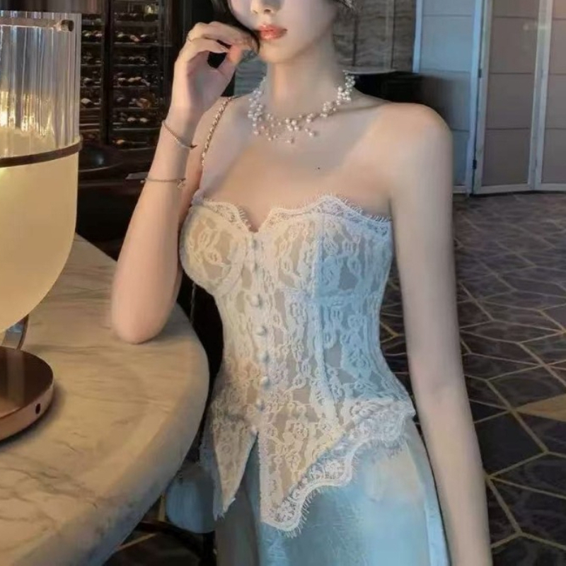 Camisole transparente en dentelle tendance, sexy, sans manches, dos nu, corset en dentelle à baleines, gilet d'été ajusté pour femme