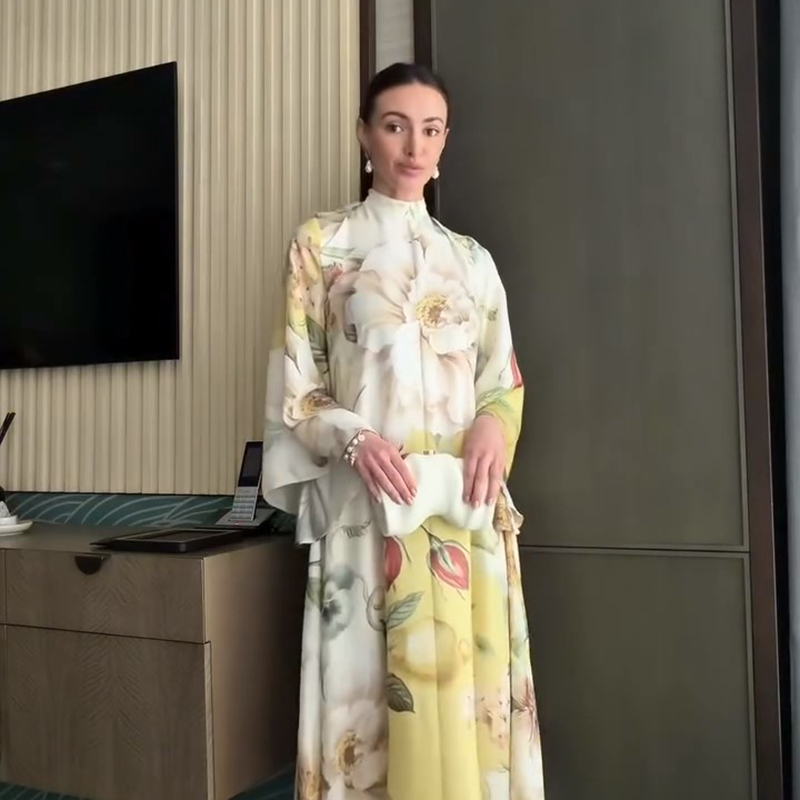 Robe imprimée pour femme, col rond, manches larges, taille haute, longue, style swing, tenue de rendez-vous, mode quotidienne, style 2026