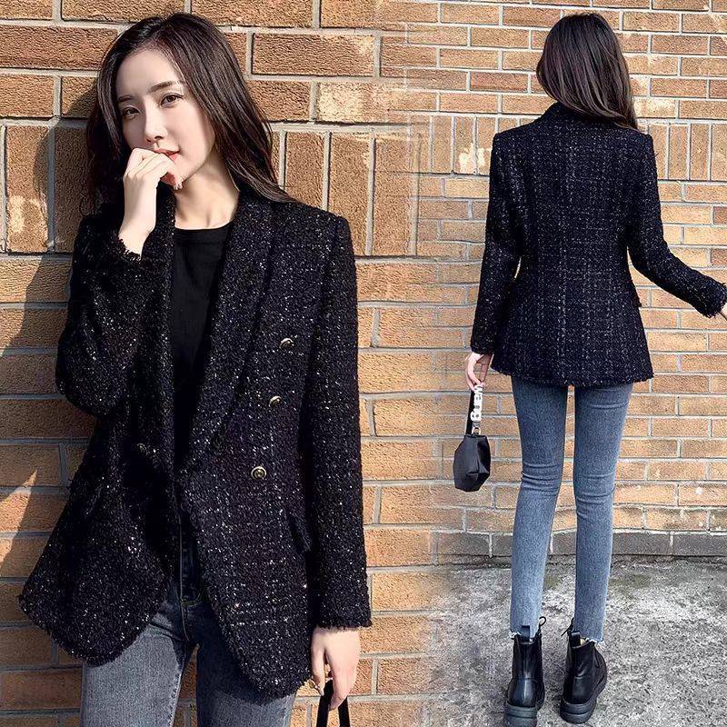 Blazer Croisé Noir en Tweed pour Femme, Manteau Vintage à Manches sulf, Poches à Rabat, Chic, à la Mode, Hiver