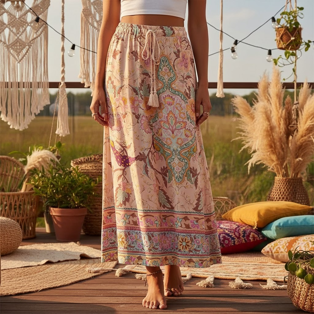 Vintage paon imprimé fleuri gland plage bohème Maxi jupe pour les femmes taille élastique rayonne coton longue plissée Boho jupes