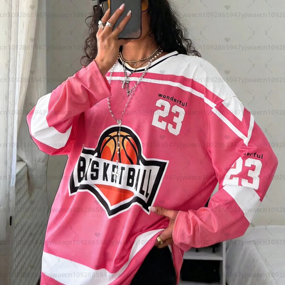 Superbe T-shirt de sport ample à col en V pour femme, respirant, à manches longues, style oversize, idéal pour le basketball