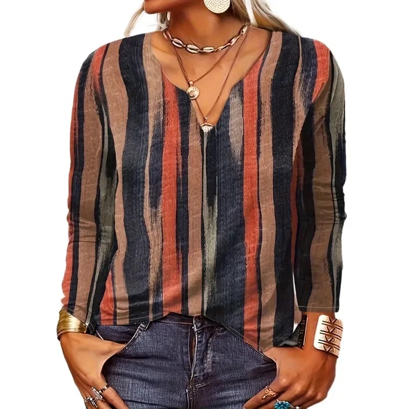 Femmes grande taille 1XL-8XL décontracté confortable à manches longues haut mode col en v rayé respirant T-shirt femmes