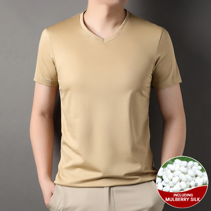 T-shirt à manches courtes en soie de mûrier pour homme, haut de marque, col en V, décontracté, à la mode, nouvelle collection été 1.7%, 2023