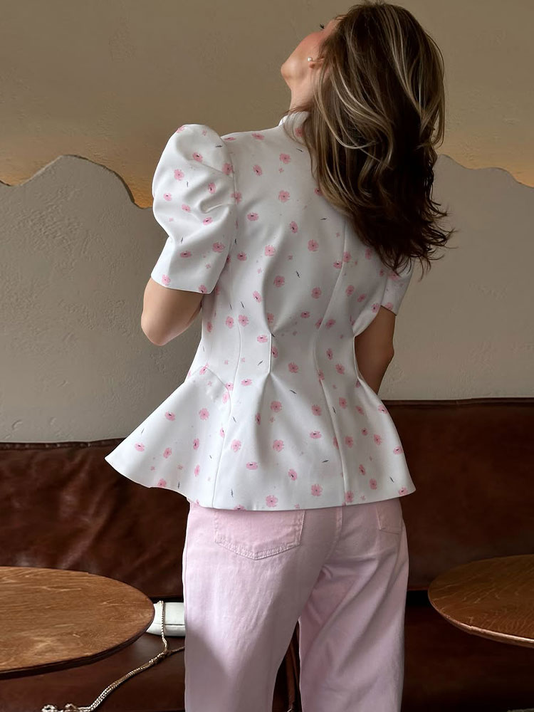 Chemisier ajusté imprimé décontracté pour femme, col montant, manches courtes bouffantes, simple boutonnage, nouvelle collection été 2026, hauts chics et tendance