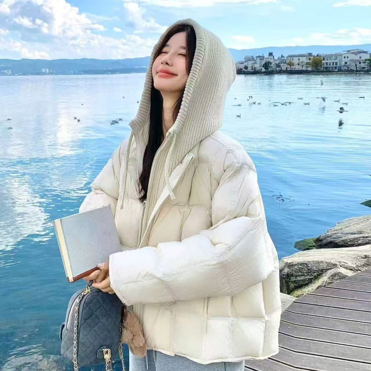 Parka matelassée en coton coréen pour femme, nouvelle collection automne-hiver 2026, décontractée, tricotée, à capuche, effet deux-pièces, chaude