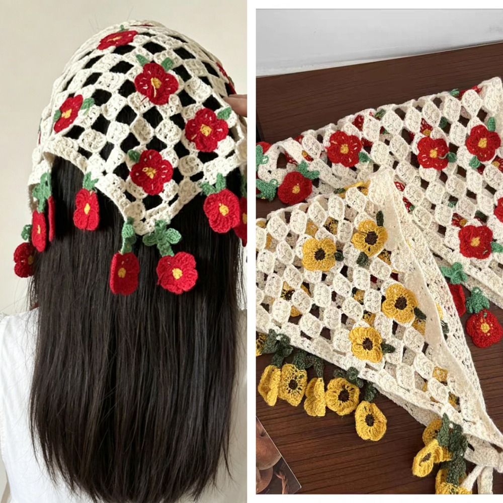 Serre-tête tricoté à motif floral doux, style champêtre, foulard pour cheveux femme, turban triangulaire bohème français, voyage