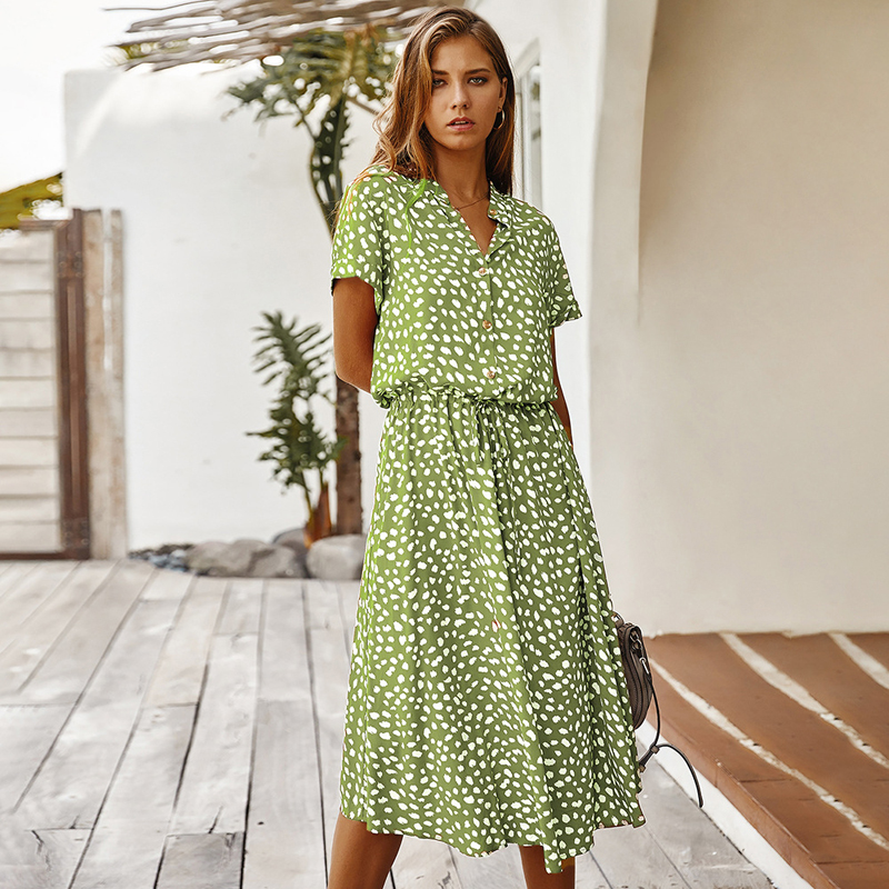 Robe longue à imprimé Floral pour femmes, style Boho, manches courtes, col rabattu, décontractée, ceinture, chemise, été, 2021