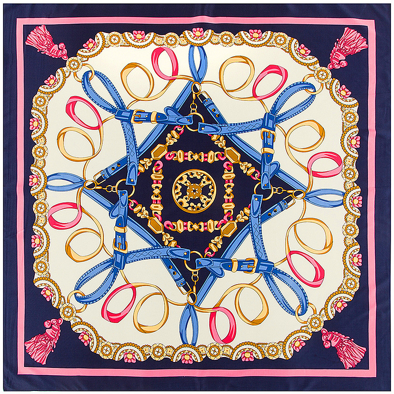 Foulard en soie femmes grands châles ceinture chaîne impression carré Bandana luxe foulard musulman Hijab écharpe femme Foulards 130CM