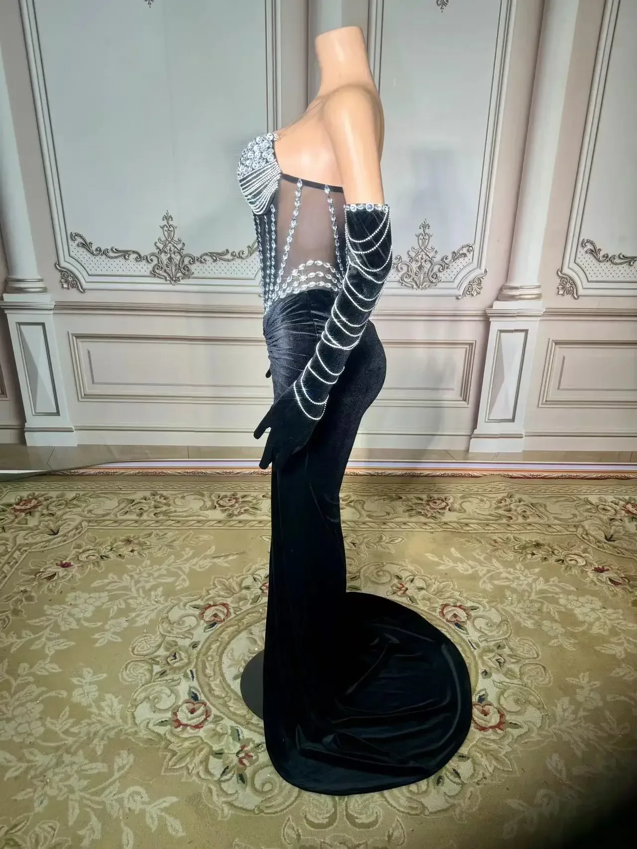 Robe longue en velours noir pour femme, maille transparente, manches longues, boîte de nuit, vêtements de soirée, costume de scène