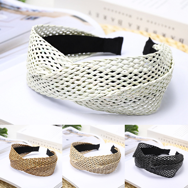 Bandeau de sauna bohème pour femmes, en paille nouée, fait à la main, cerceau de tête de plage, accessoires pour cheveux à larges bords